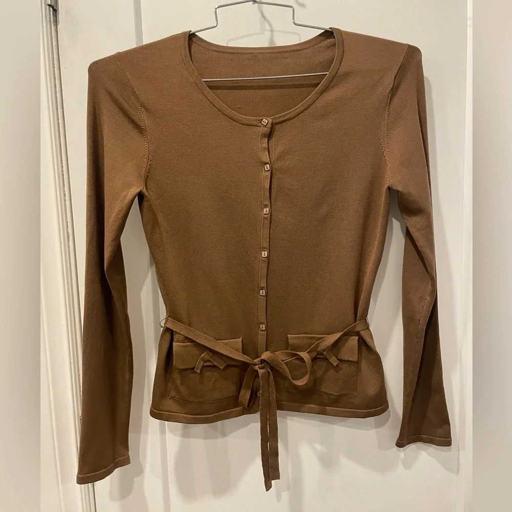Silk Brown Button-Up Women's cardigan with tie waist - Picture 1 of 16